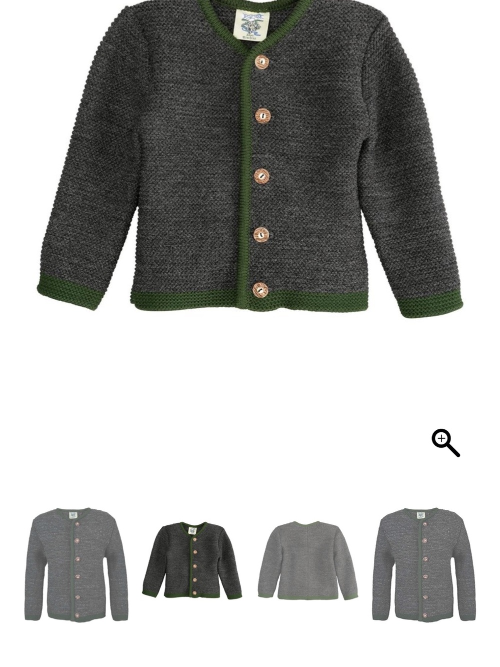 Isar Trachten Children's Dark Gray Knit Cardigan with Green Trim 110 4T 5